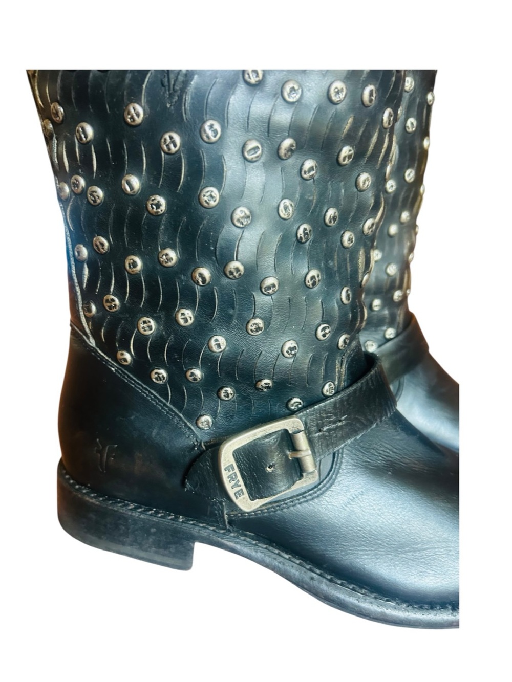 Frye Jenna Cut Stud Short Black Leather Boots Silver Buckle Motorcycle - Picture 7 of 9